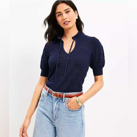 LOFT Tops - LOFT Pointelle Tie Neck Sweater Tee - Blue - Medium
